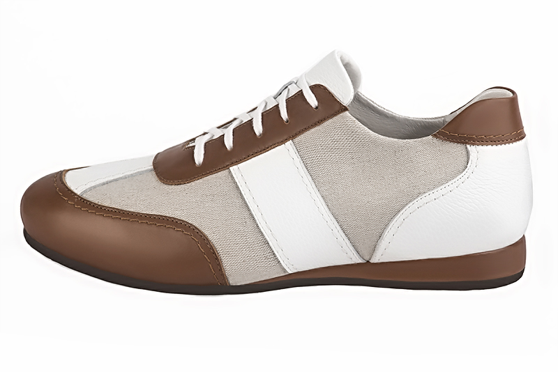 Caramel brown, natural beige and pure white two-tone dress sneakers for men. Round toe. Flat wedge soles. Profile view - Florence KOOIJMAN